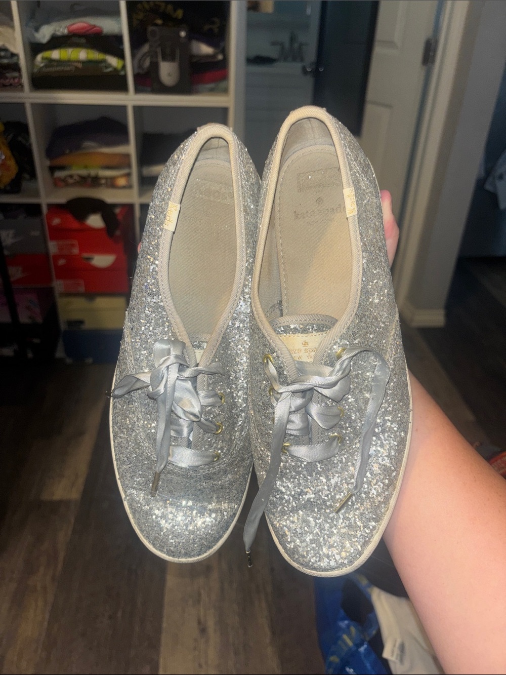 Women's Silver Glitter Lace-Up Sneakers